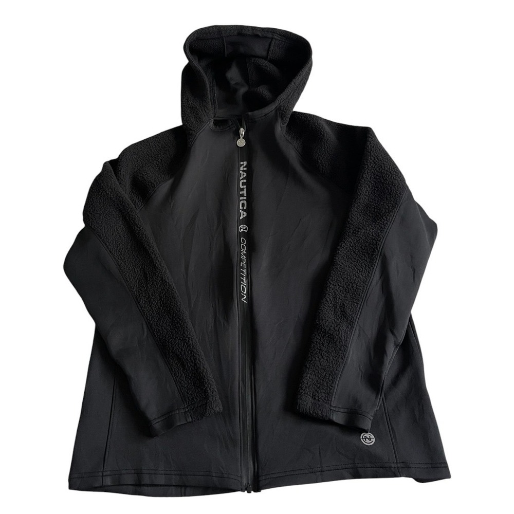 Nautica Competition Hooded Jacket Men Large Black Fleece Full Zip Hoodie Stretch